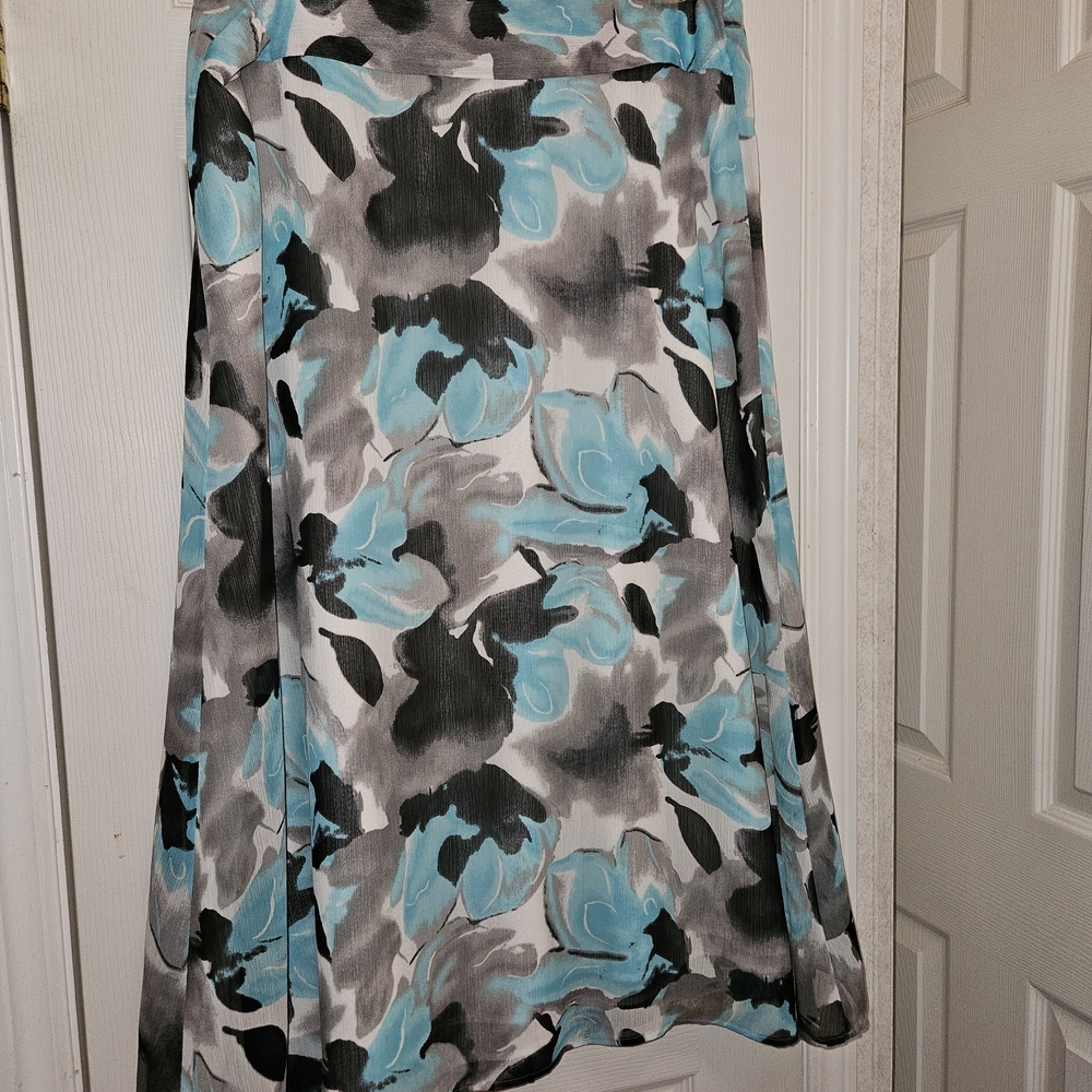Cato A-Line Skirt with Blue and Gray Floral Design